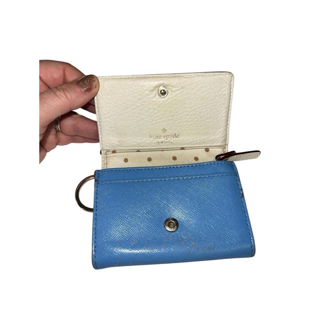 SOLD Kate Spade Blue Leather Keychain Wallet Polka Dot Interior Women's One Size - Picture 8 of 10